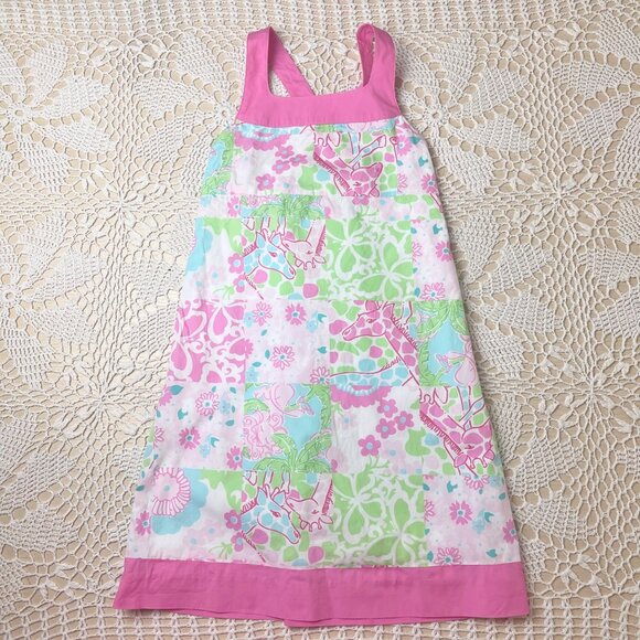 Lilly Pulitzer Girls 7 Years Giraffe Patchwork Green Pink Halter Midi Dress - Picture 1 of 6